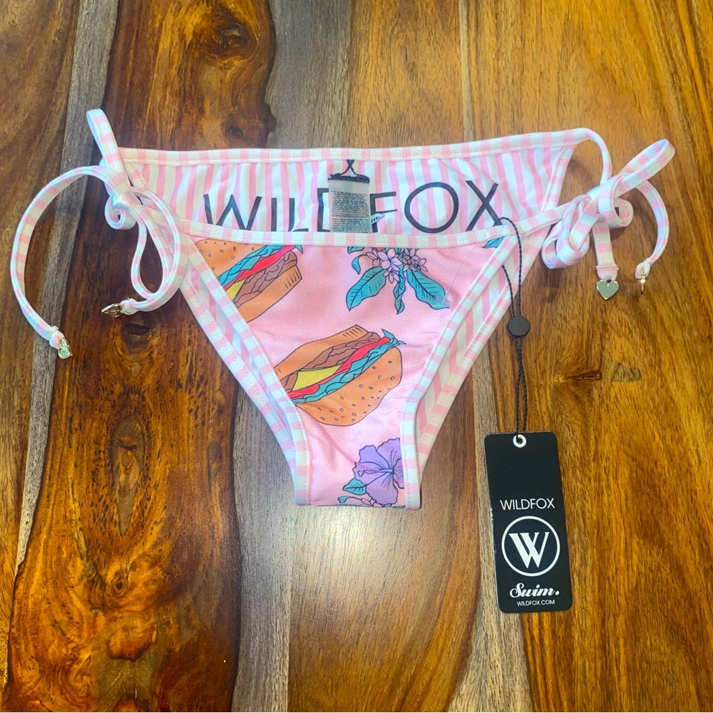 NWT Wildfox Side Tie Bikini Bottom Burger Striped Reversible Bel Air Pink logo M